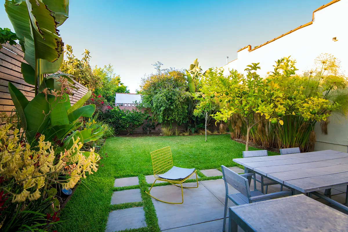 Backyard landscape construction featuring a green lawn, concrete stepping pavers, and layered planting beds creating a functional outdoor living space