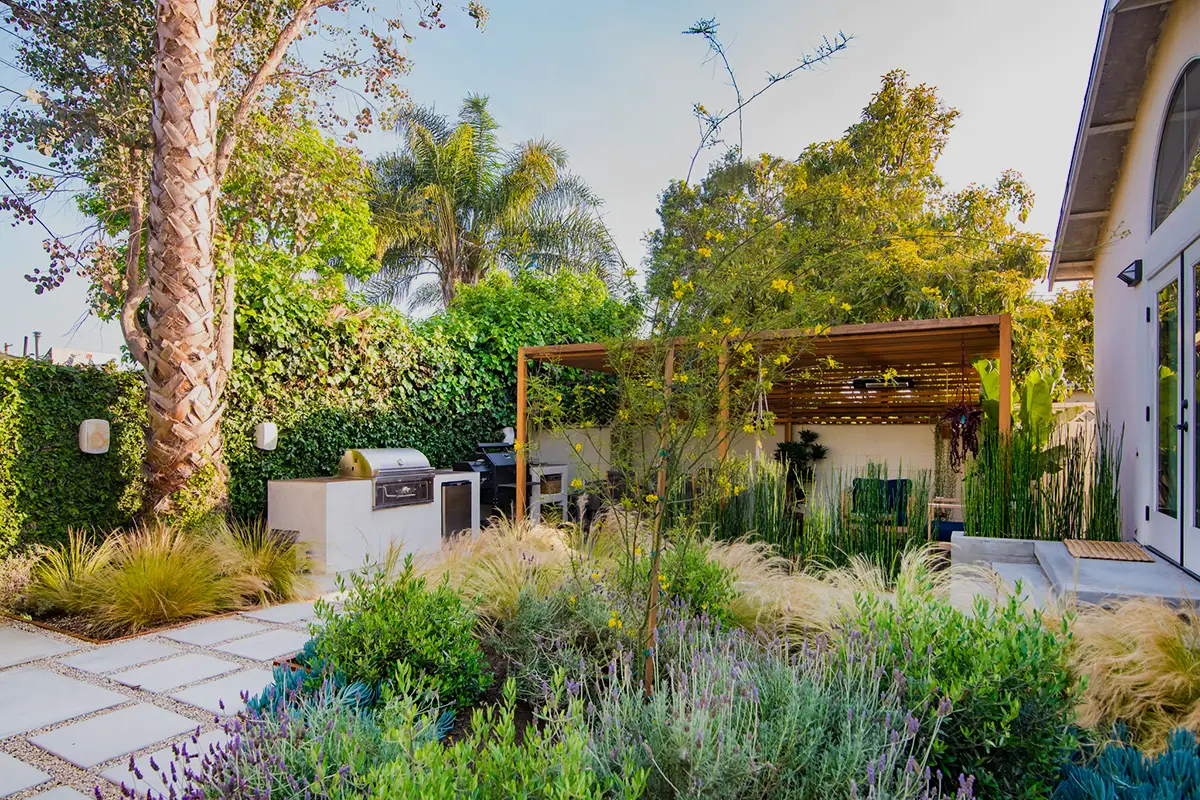 Modern landscape and softscape design with layered planting, ornamental grasses, shrubs, and concrete stepping stones