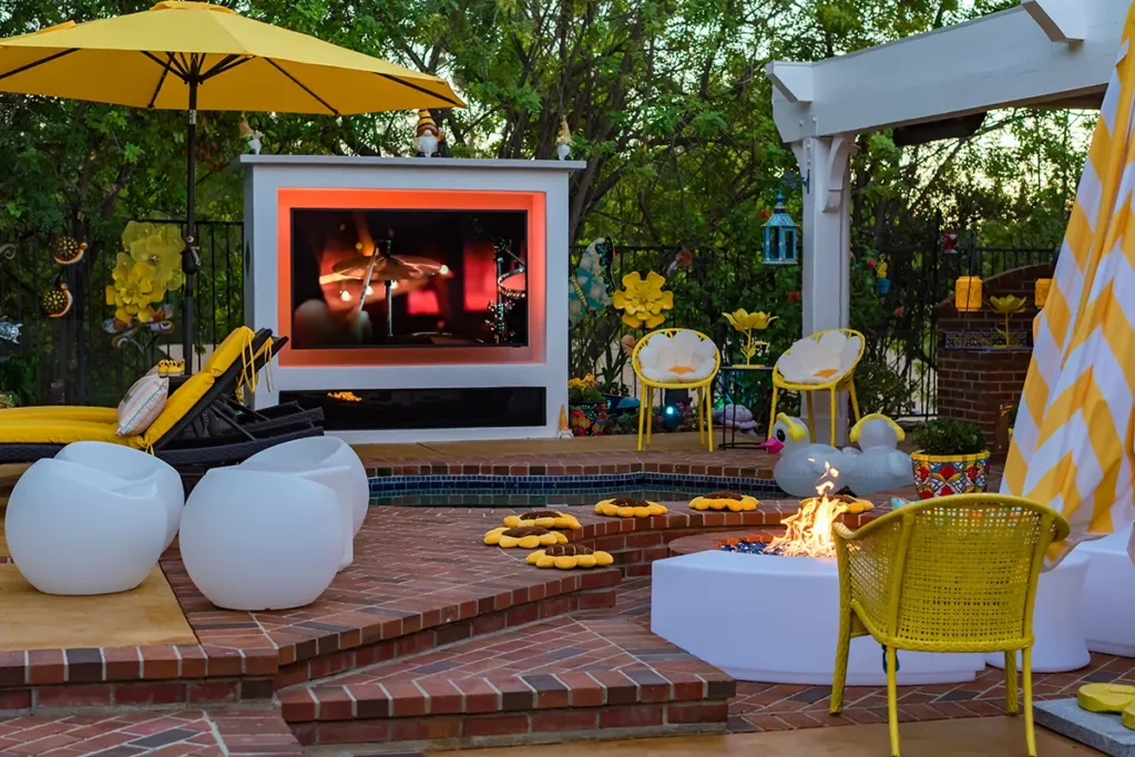 Custom outdoor pavilion structure with integrated fire feature and seating area