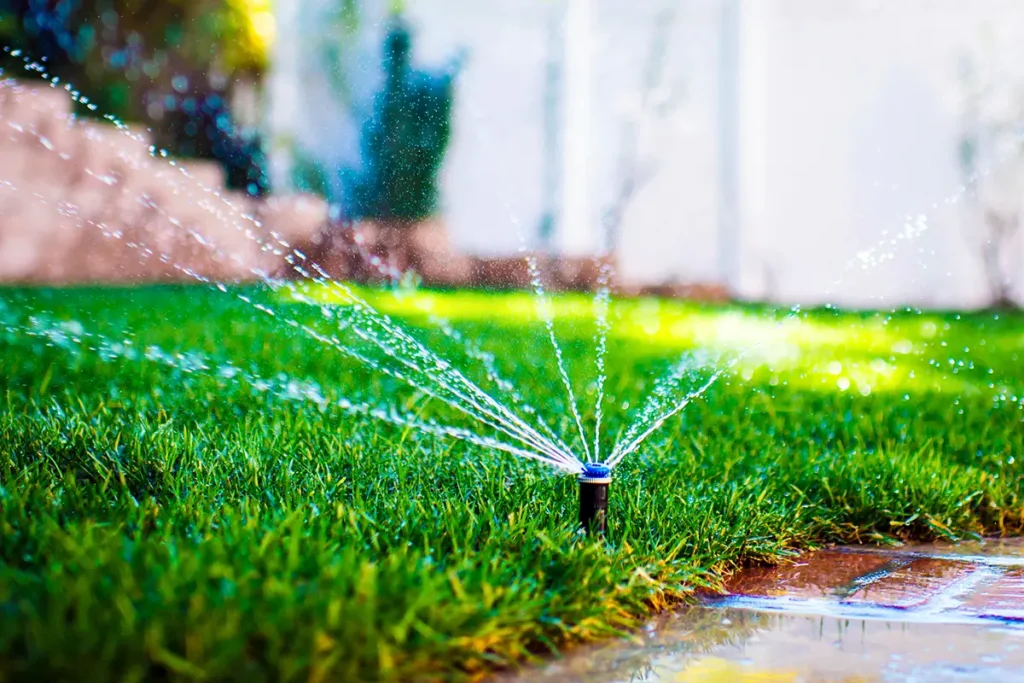 Pop-up spray irrigation head watering a green lawn, providing even turf coverage with an automated irrigation system installed by Lush Gardens Inc.