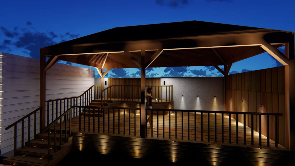 3D rendering of a covered outdoor deck with wood structure, railings, steps, and integrated landscape lighting