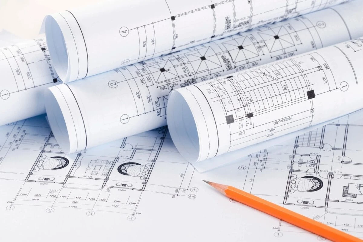 Hardscape design plans showing layout measurements and construction details for outdoor space.
