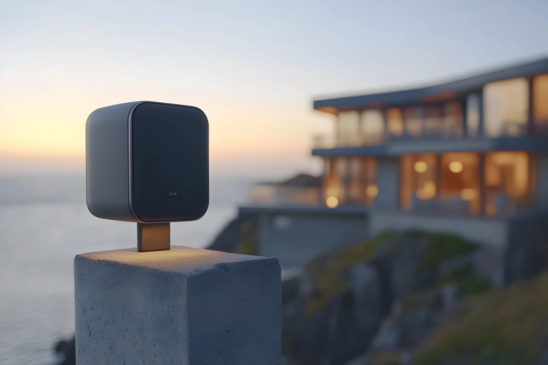 Modern outdoor speaker on a cliff overlooking a luxury home at sunset.