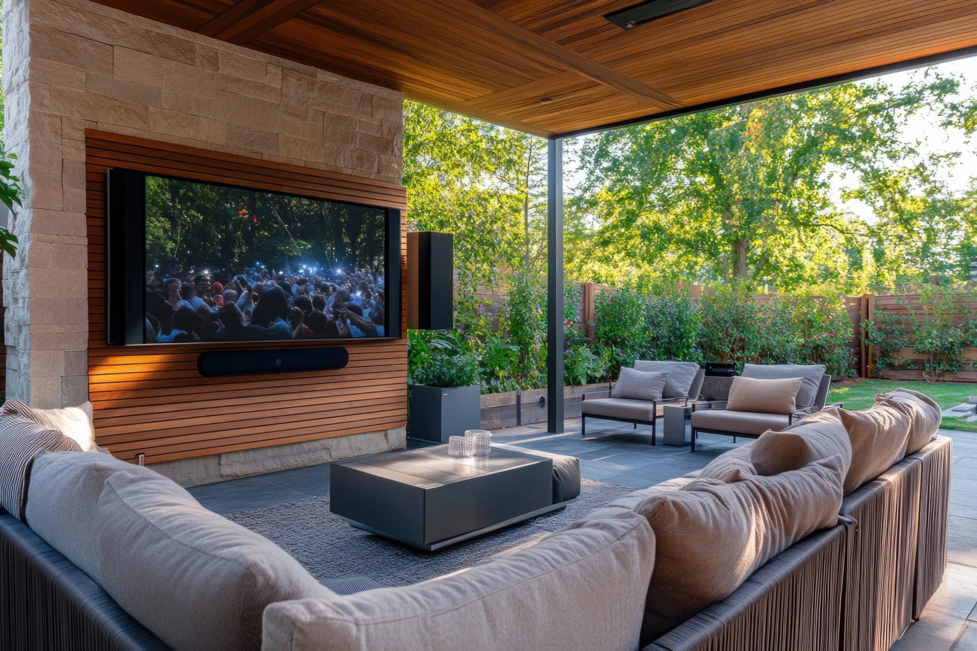 Outdoor Speaker. Outdoor Movie Night with Smart Speakers and Climate Control, Ai Genrative: family, motion picture, television, patio, furniture, smart, speaker, audio, climate, control --ar 3:2 --v 6.1 Job ID: 0e710c4a-f94e-4272-9aa3-2b77d1bcda0a