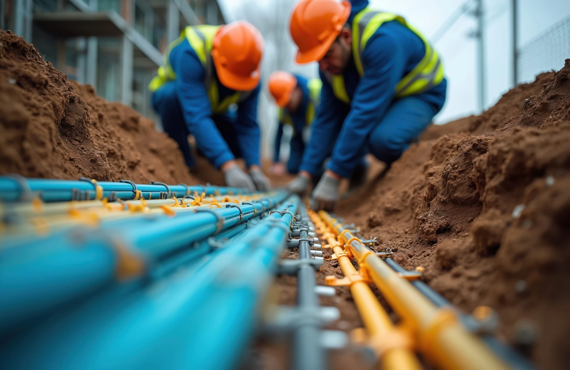 Technicians install colorful fiber optic cables in trench. Workers wear hard hats, safety vests, carefully managing complex network infrastructure. Glowing data connections visible indicating modern