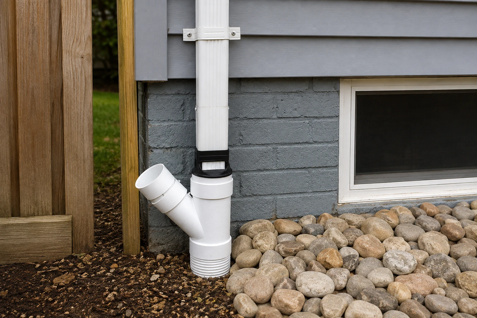 Downspout connected to an underground drainage system beside a home