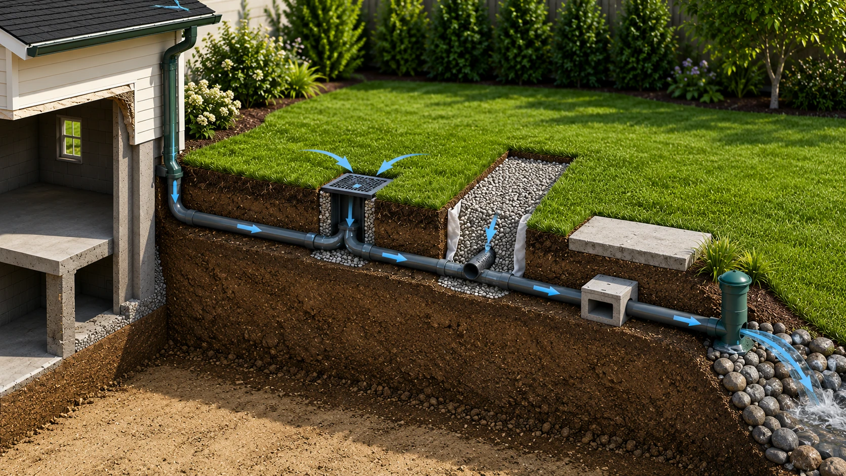 Underground landscape drainage system directing collected water to a discharge outlet