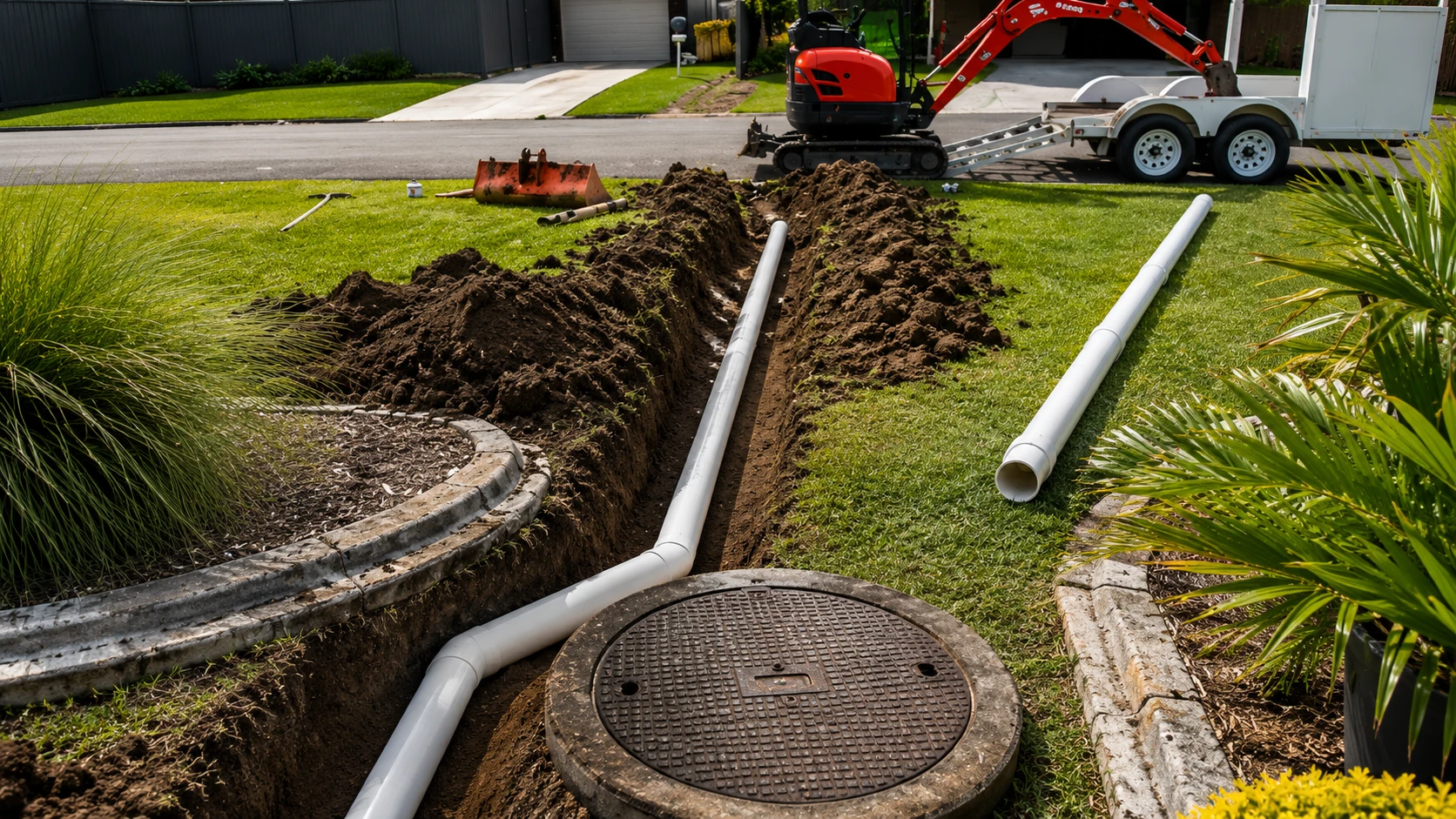 Existing residential drainage system being repaired and upgraded with new underground drainage pipes