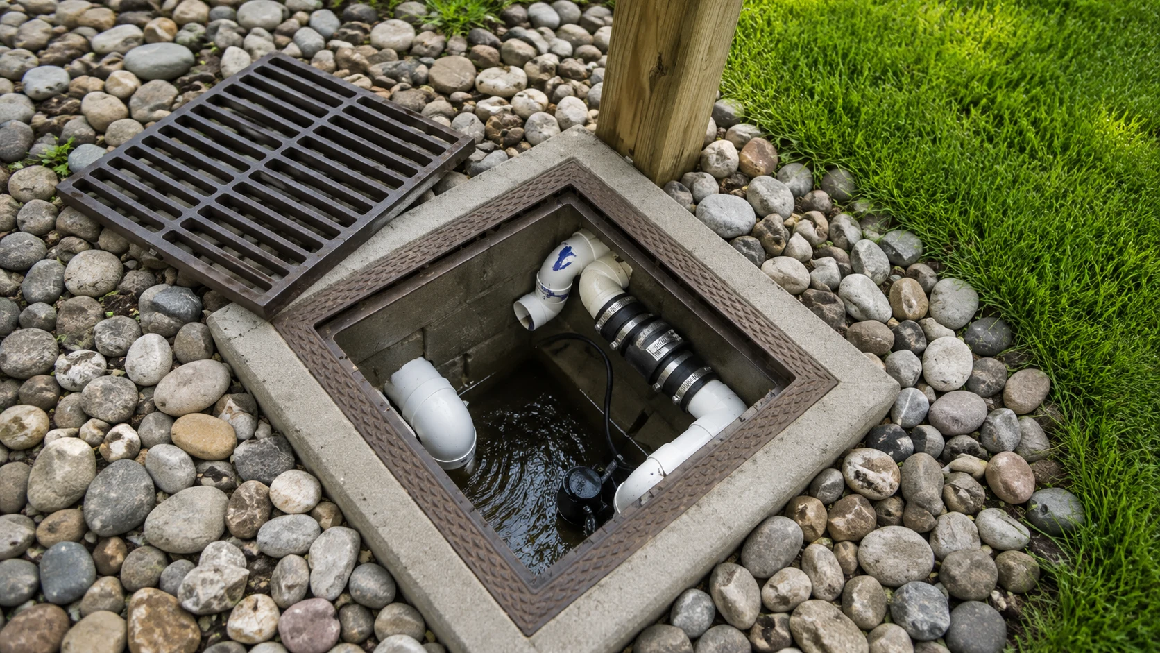 Outdoor sump pump drainage system installed in a catch basin with drainage piping